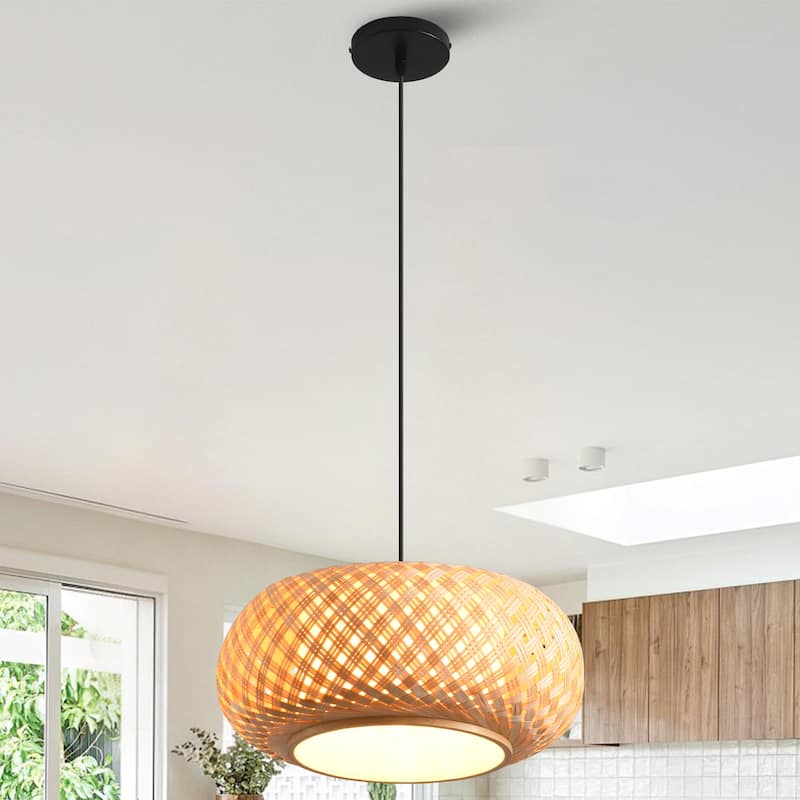 16" Bohemian Natural Bamboo Round Handmade Adjustable Pendant Chandelier
