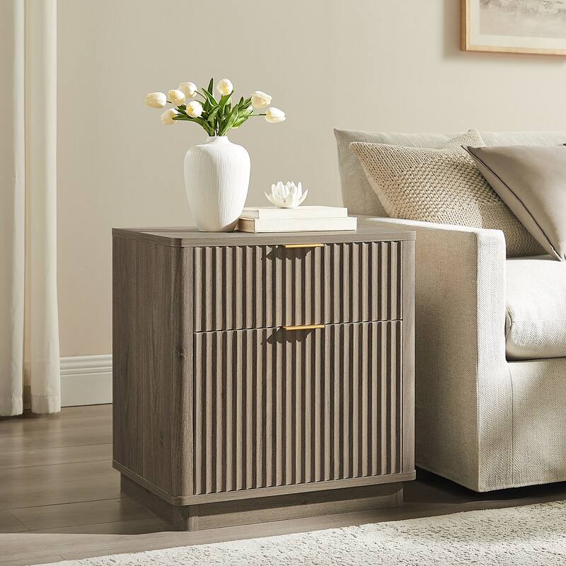 Modern Fluted Nightstand with Charging Station, 2 Drawer Bedside Table