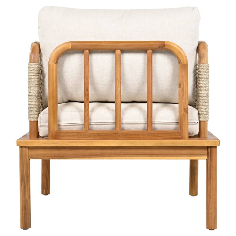 Roomfitters Outdoor Acacia Wood and Rope Club Chairs with Cushions, Teak+Beige