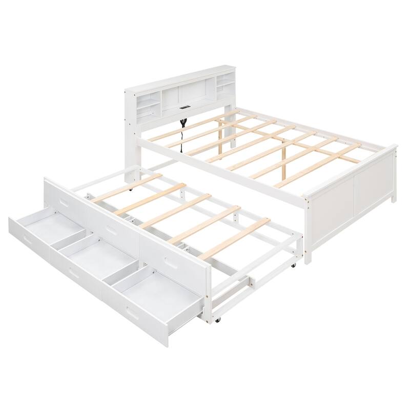 Full Platform Bed with Storage Headboard, USB Charging Port, Twin Trundle, and 3 Drawers - Space-Saving Design