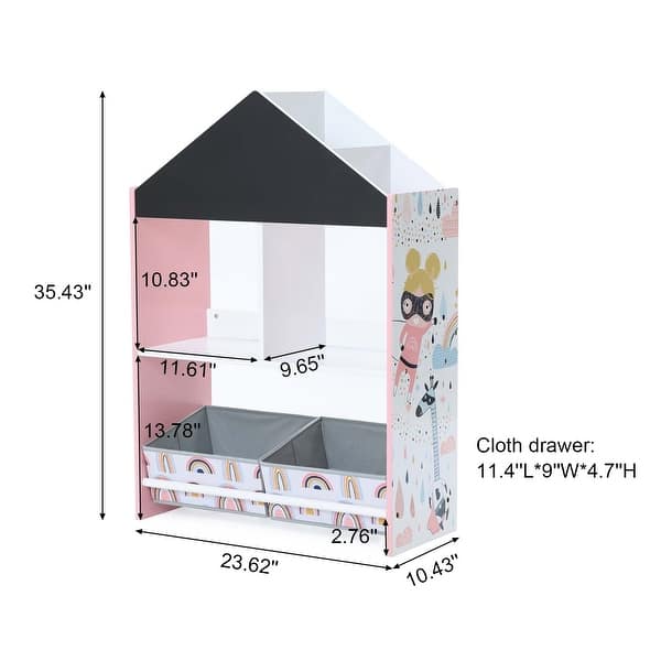 dimension image slide 0 of 2, Children's Multi-Functional House Bookcase Toy Storage Bin Floor Cabinet with Blackboard