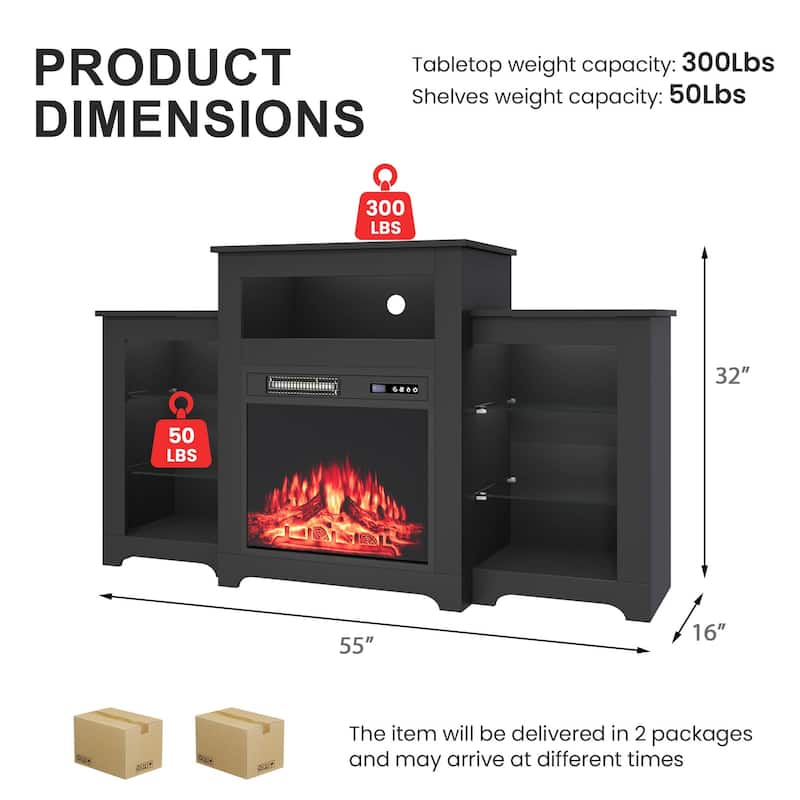 32" H Fireplace TV Stand, 55/70 Inch Media Console for TVs up to 80", Remote, Storage & LED Lights