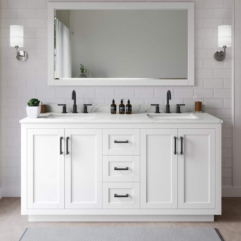 Wyndham Collection WCF292966D-QTZ-US3M58 Miranda 66" Free Standing - White / Giotto Quartz Top / Matte Black Hardware