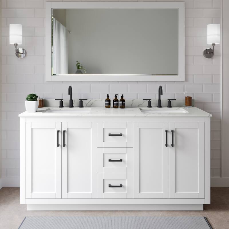 Wyndham Collection WCF292966D-QTZ-US3MXX Miranda 66" Free Standing - White / Giotto Quartz Top / Matte Black Hardware