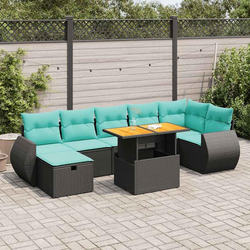 vidaXL 8 Piece Patio Sofa Set with Cushions Black Poly Rattan Acacia - 24.4 x 24.4 x 27.2