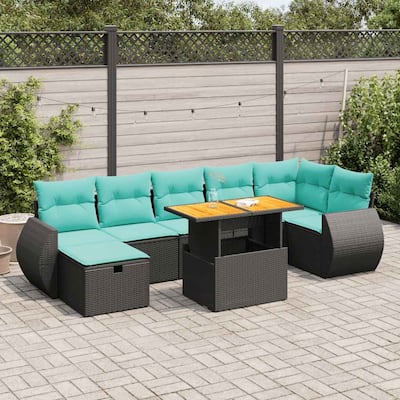 vidaXL 8 Piece Patio Sofa Set with Cushions Black Poly Rattan Acacia - 24.4 x 24.4 x 27.2