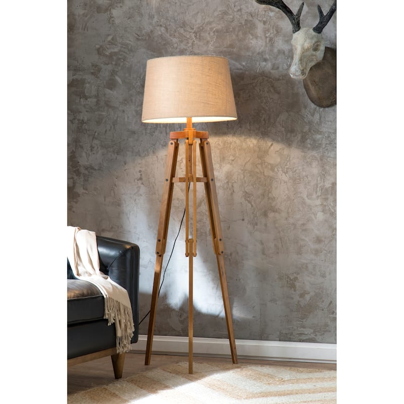 Wood Floor Lamp with Linen Drum Shade