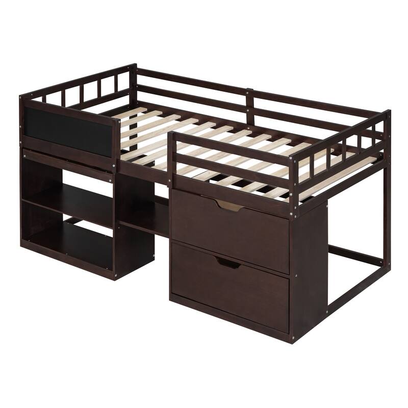Twin Size Low Loft Platform Bed with Rolling Desk, Bookshelf, and Storage Drawers, Maximize Space and Enhance Your Kids Room