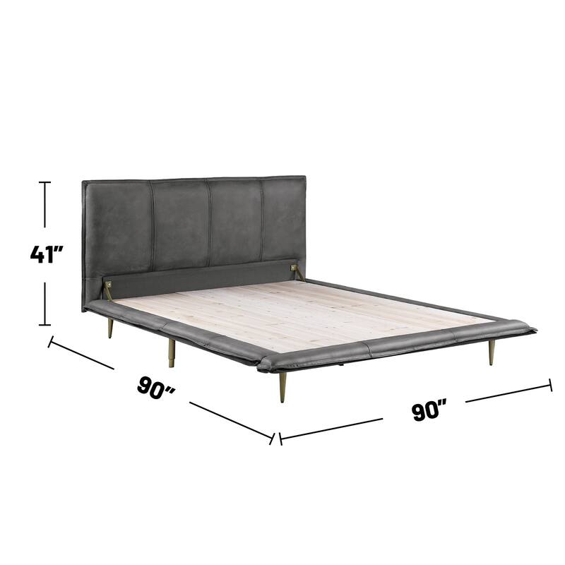 Top Grain Leather Bed with Metal Legs in Gray Finish