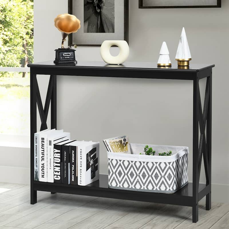 Space-Saving Console Table with Modern X-Shape and Large Shelves Perfect for Entryway or Living Room