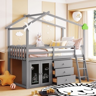 Grey Twin Size Loft Bed with House Design, Cabinet, and Drawers - Space ...
