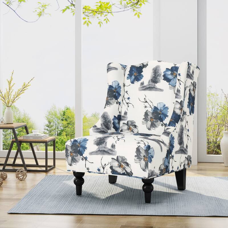 Beige +Blue Flower Modern 28" High-Back Upholstered Club Chair with Birch Wood Legs for Living Room