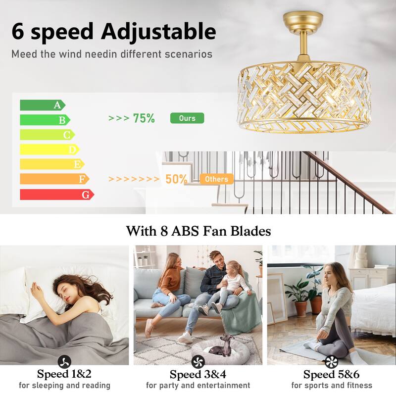 18" Crystal Cage Ceiling Fan With Remote Control ,Quiet Motor Fan Light,Indoor Crystal Chandelier Ceiling Fan