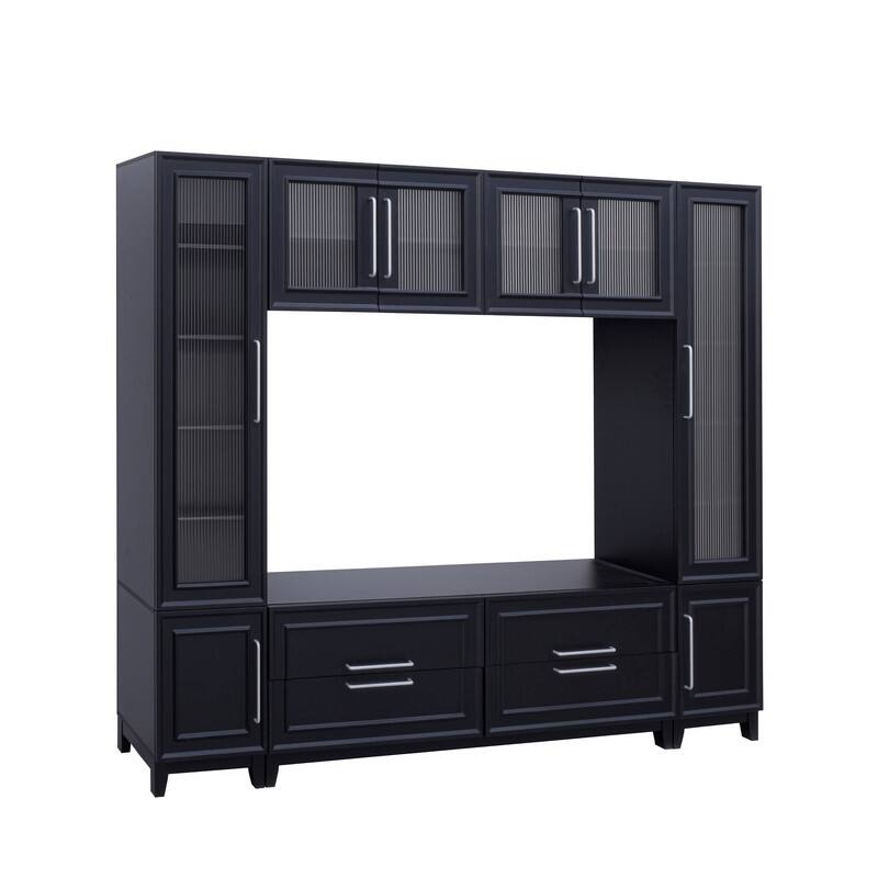 Modern 102" W Wall Unit Entertainment Center for TVs up to 75", Large Media TV Console with Glass Doors and Drawers