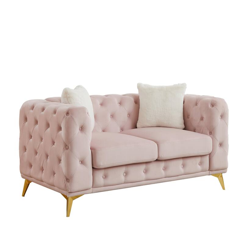 Velvet Chesterfield Loveseat Sofa, Tufted Button Upholstered 2 Seater Sofa, Lounge Sofa Chair with 2 Pillows & Metal Legs