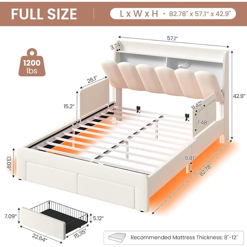 LED Bed Frame Storage DrawerSafety Guardrails Velvet Princess Platform Bed Kids