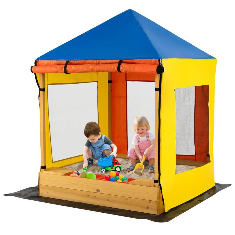 Multicolor PE Wood Kids Sandbox with Canopy, Storage Benches and Ventilated Design - 43.5" x 43.5" x 61" (L x W x H)