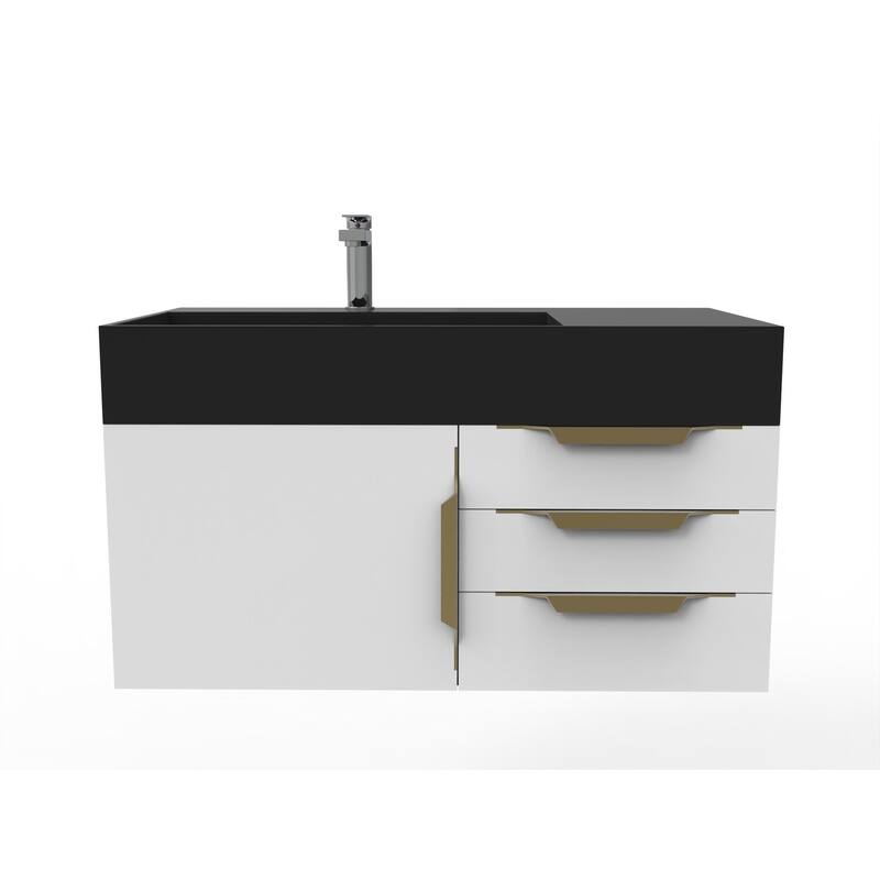 Amazon 36" Wall Mounted Bathroom Vanity Set w/ Black Top - White - Gold Finish