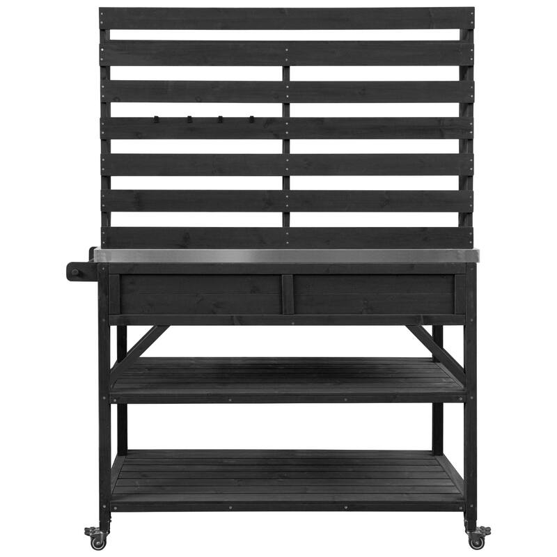 64.9"H Outdoor Potting Table with Lockable Wheels,Solid Wood Kitchen Island with Upper Hutch,Stainless Steel Top,Towel Rack