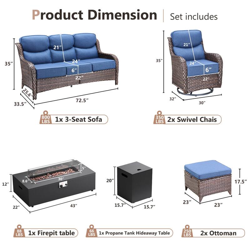 Pocassy 43" Fire Pit w/ Outdoor Sofa Swivel Chair Ottoman Set