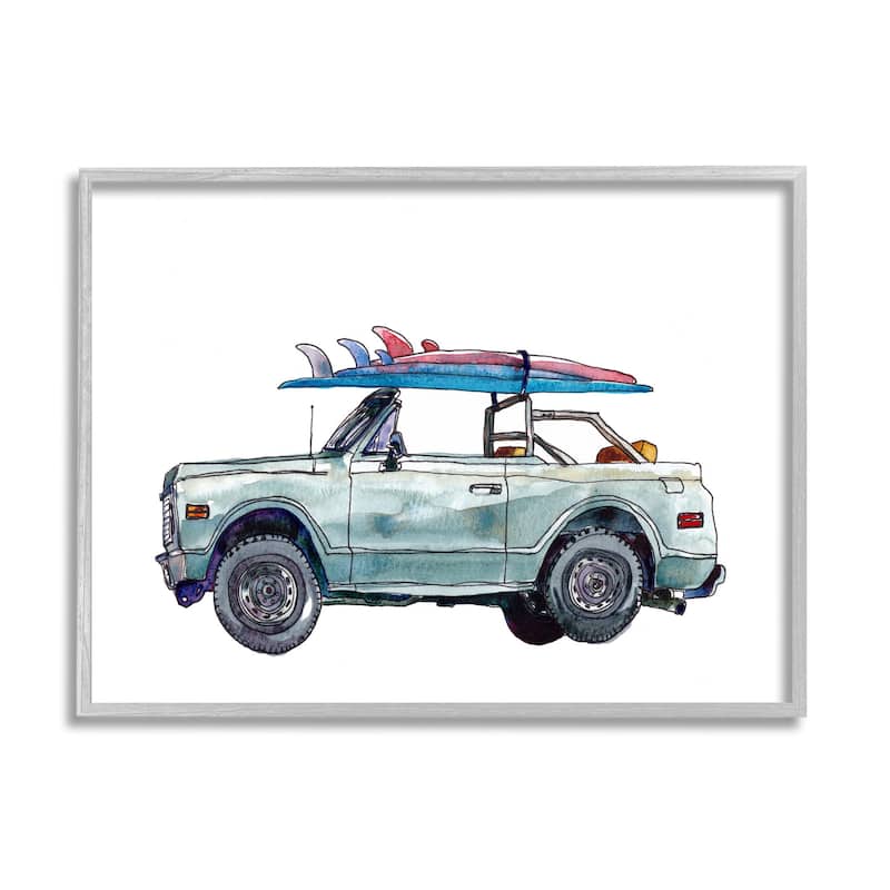Stupell Retro Beach Cruiser with Surfboard Minimal Illustration Framed Wall Art - Blue