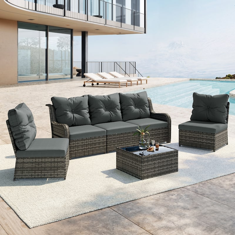 5-Person Outdoor Wicker Patio Conversation Sets with Table and Cushion - Dark Grey
