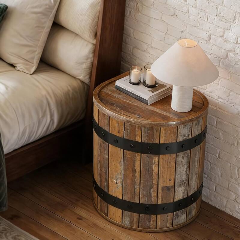 Barrel Side Table with Hidden Storage, 19.68" Round End Table, 24" Tall Sofa Side Bedside Nightstand for Living Room