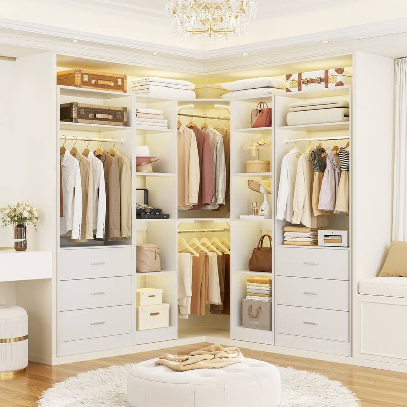 Corner Closet System with 6 Drawers & 4 Hanging Rods,Set of 3,Reversible Walk-in Closet Organizer System with Adjustable Shelves