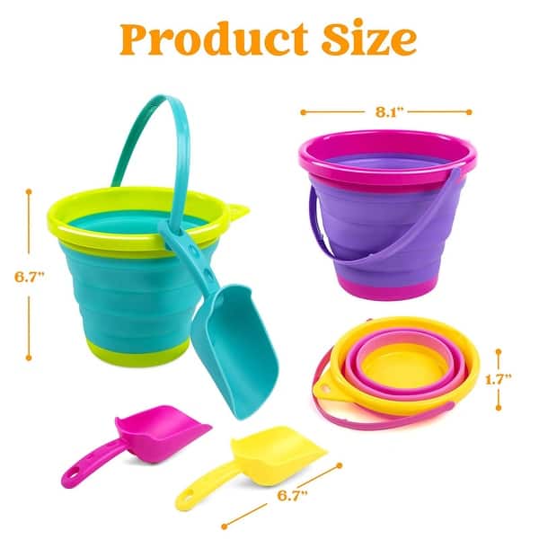 Foldable Beach Bucket Set - 3 collapsible toy buckets with shovels and ...