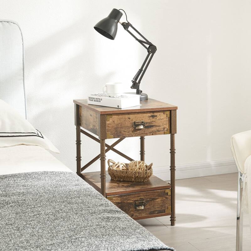 Vintage 2 Drawers Nightstand Set of 2 ,Rustic Brwon