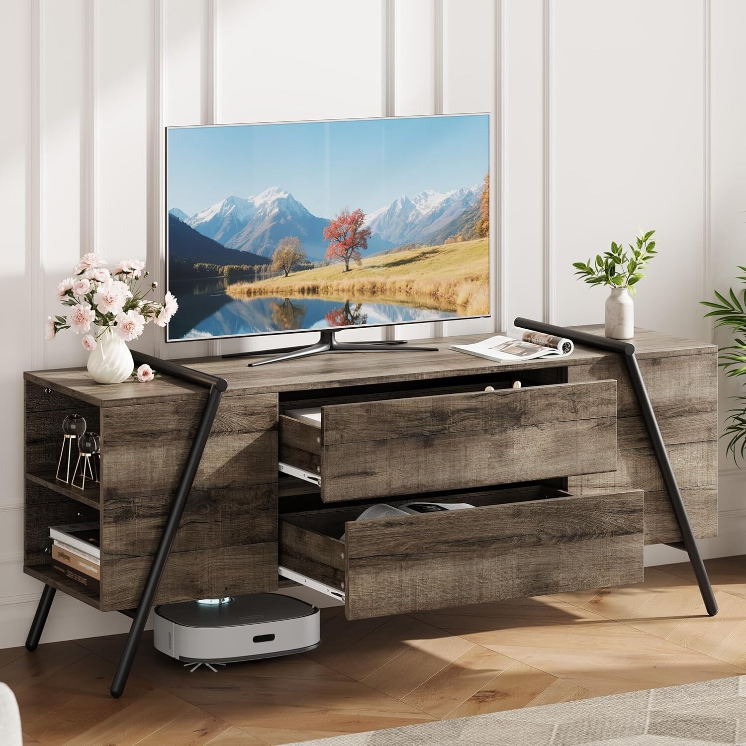 Modern TV Stand for Living Room, Farmhouse Entertainment Center with 2 Drawers, Adjustable Shelves