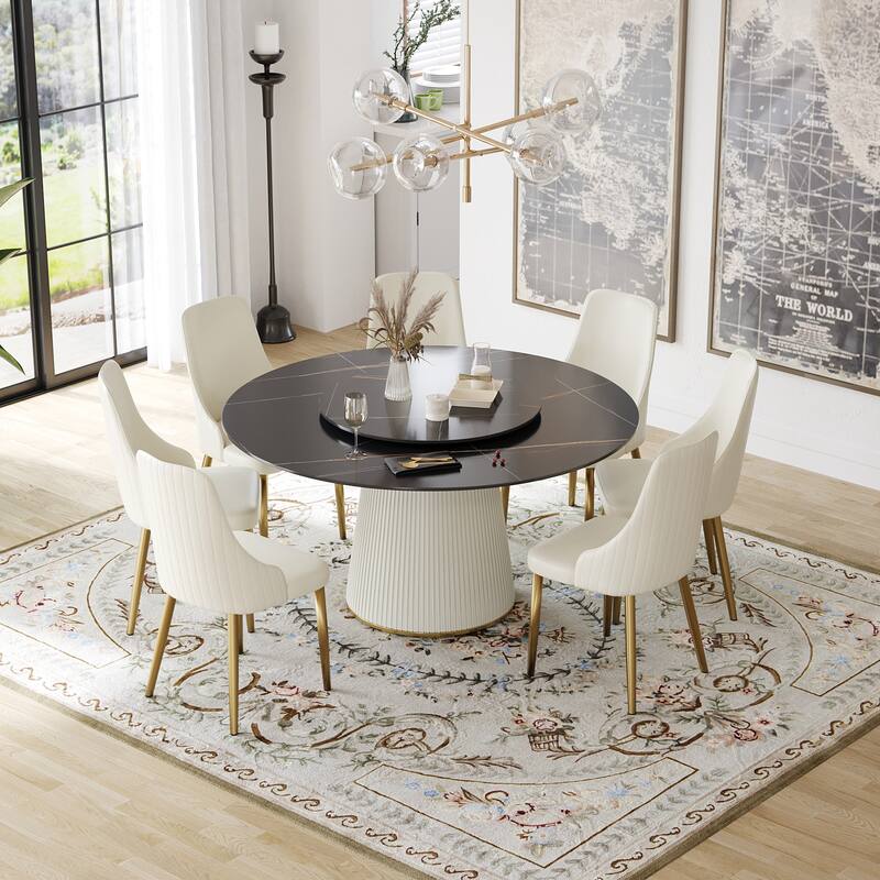 59'' Modern Round Dining Table for 8, Black Sintered Stone Tabletop with Lazy Susan