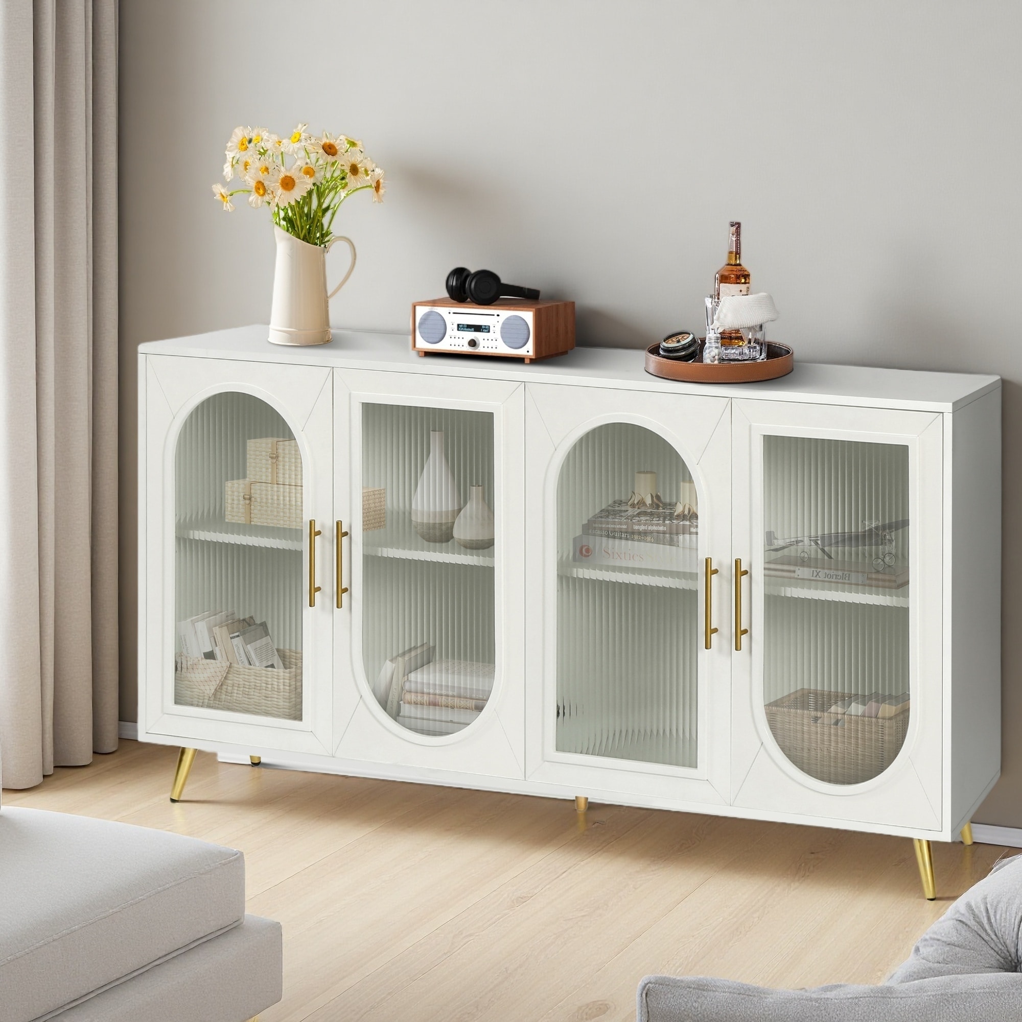 60" Wood TV Stand for 65 Inch TV, Storage Cabinet with Adjustable Shelves and Glass Doors, Modern Console