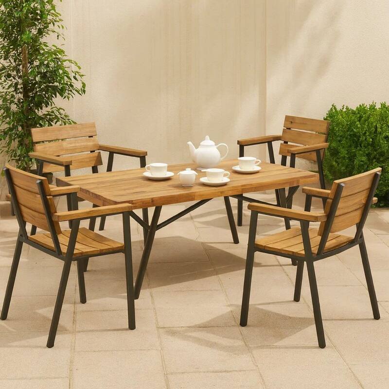 Patio Coffee Table, Slatted Top, Brown Iron, 50 Inch Teak Brown Acacia