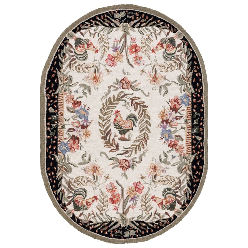 SAFAVIEH Handmade Chelsea Asmaa French Country Rooster Wool Rug - 7'6" x 9'6" Oval - Creme/Black