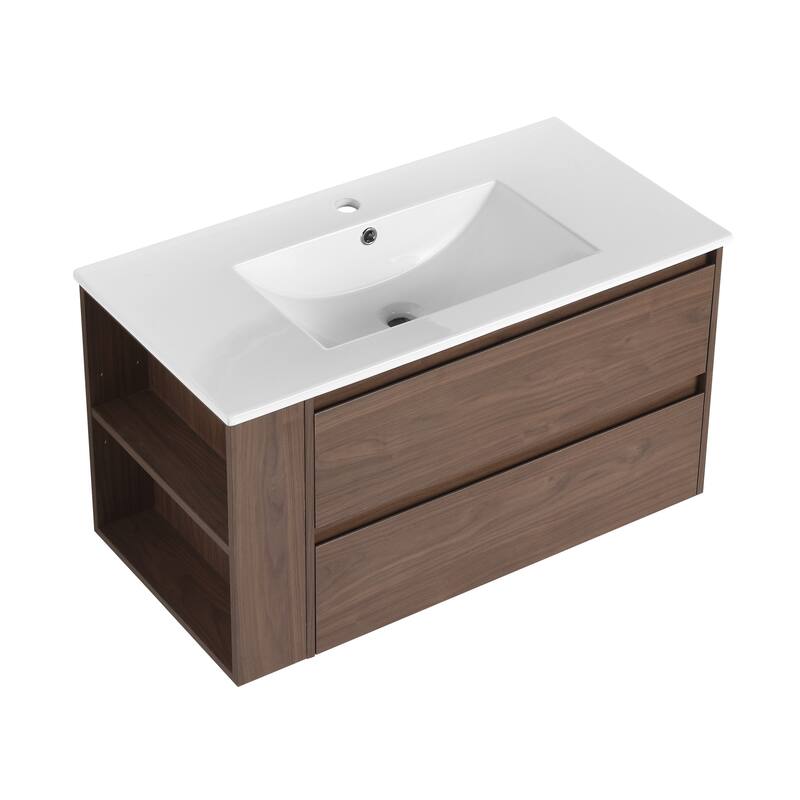 Contemporary 36-Inch Bathroom Vanity Cabinet with Adjustable Side Shelf, Soft-Close Drawers & Ceramic Sink - 35.9in L Plywood