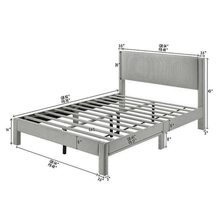 Twin Size Upholstered Platform Bed with Ribbed Plush Headboard, Low-Profile Frame for Youth Bedrooms