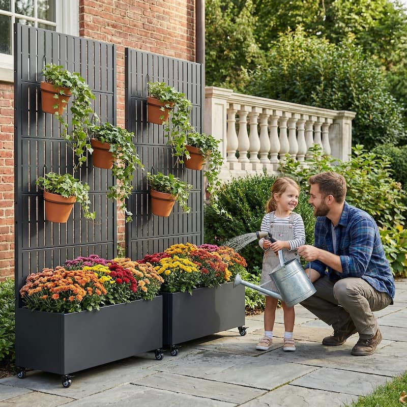 Outdoor Metal Planter Box Raised Garden Beds with Trellis (Set of 2)