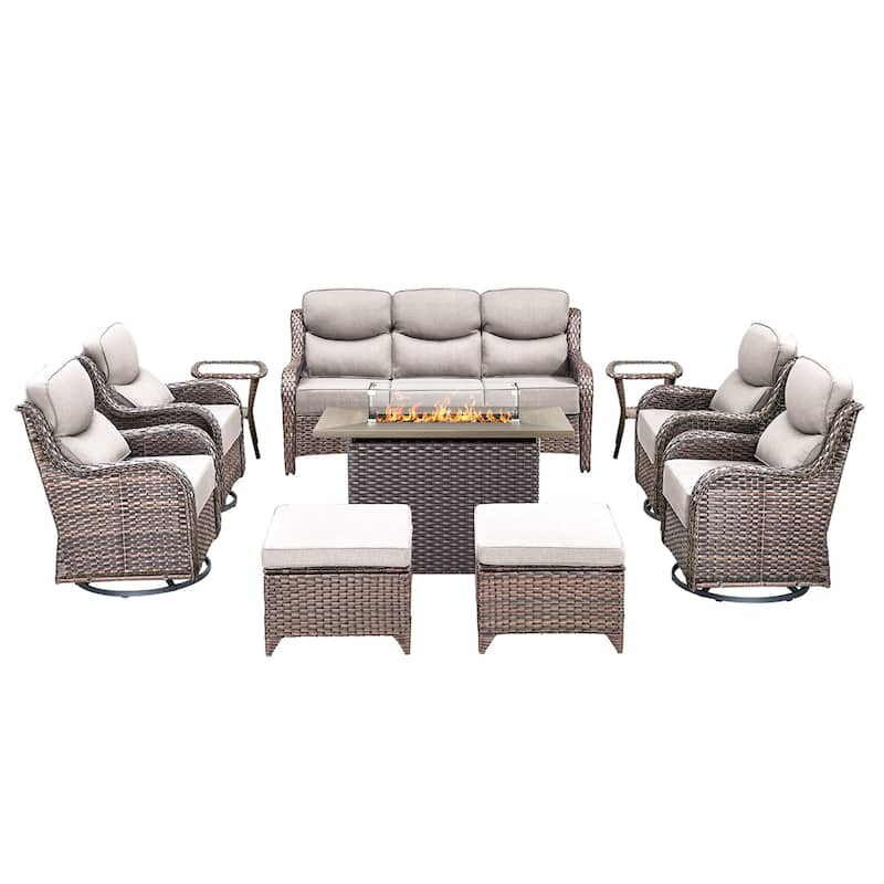 Pocassy Outdoor 6 Inch Sofa Swivel Chairs Ottoman with Fire Table Set