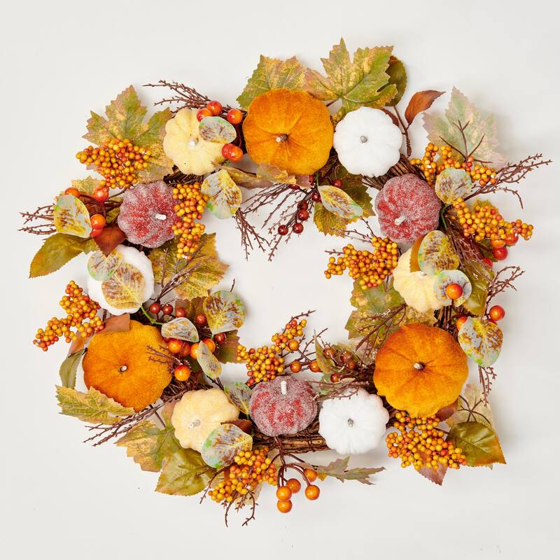 20" Fall Leaves Velvet Pumpkin & Berries Wreath on Natural Twig Base