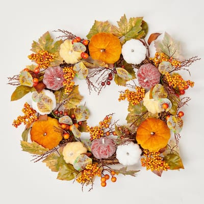 20" Fall Leaves Velvet Pumpkin & Berries Wreath on Natural Twig Base