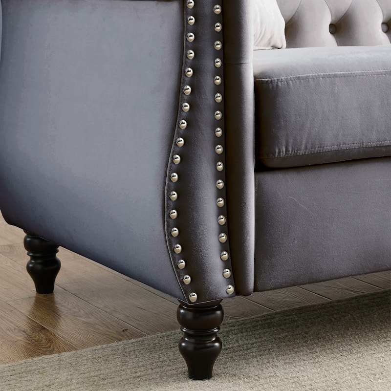 Velvet Upholstered 3 Seater Sofa, Button Tufted Sofa with 2 Pillows, Lounge Sofa with Rolled Arms & Nailhead Trim