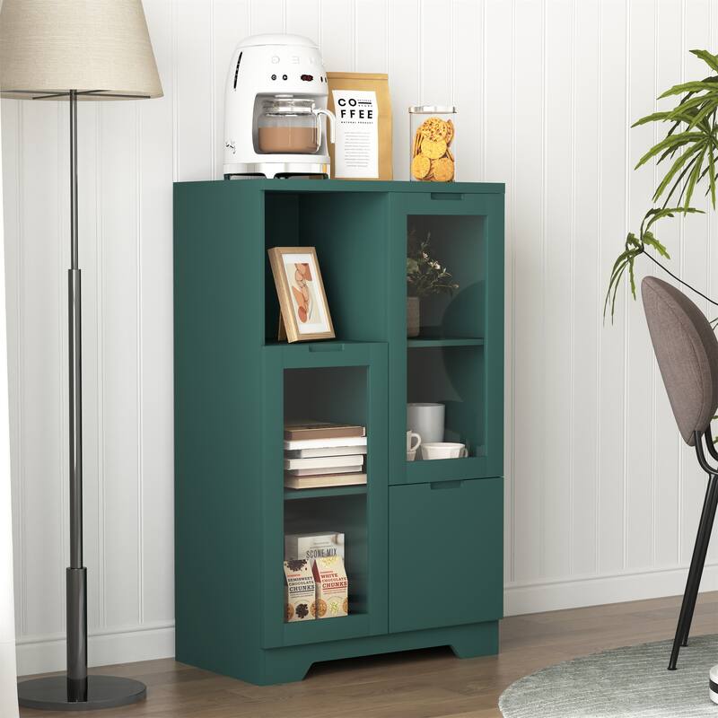Wooden Floor Cabinet with 2 Glass Doors - Green