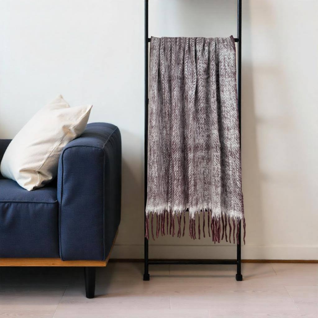 HomeRoots 52" X 67" Dark Purple Woven Wool Blend Chevron Throw Blanket with Fringe