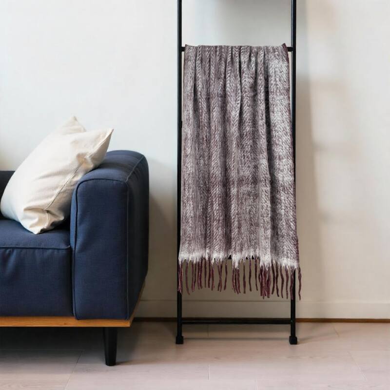 HomeRoots 52" X 67" Dark Purple Woven Wool Blend Chevron Throw Blanket with Fringe - Throw - Dark Purple