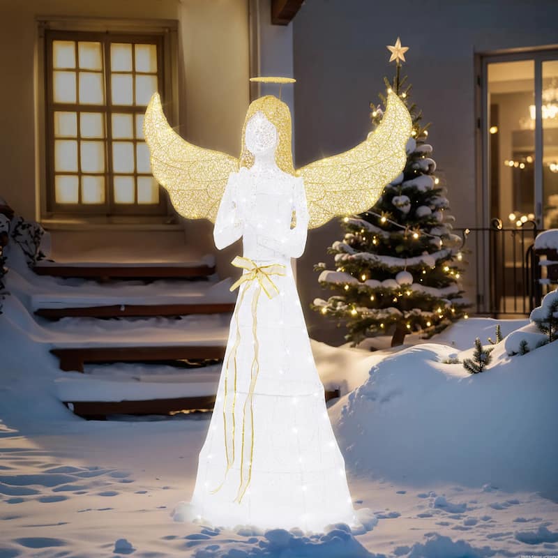 Futzca Lighted Christmas Reindeer & Sleigh, Outdoor Angel Christmas Decoration - Angel - Yellow