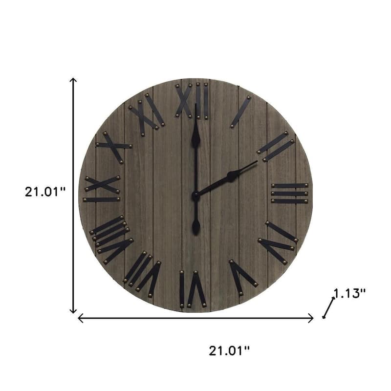 HomeRoots 21" Gray And Black Rustic Wood Silent Analog Round Wall Clock - 21.01 in. x 21.01 in. x 1.13 in.