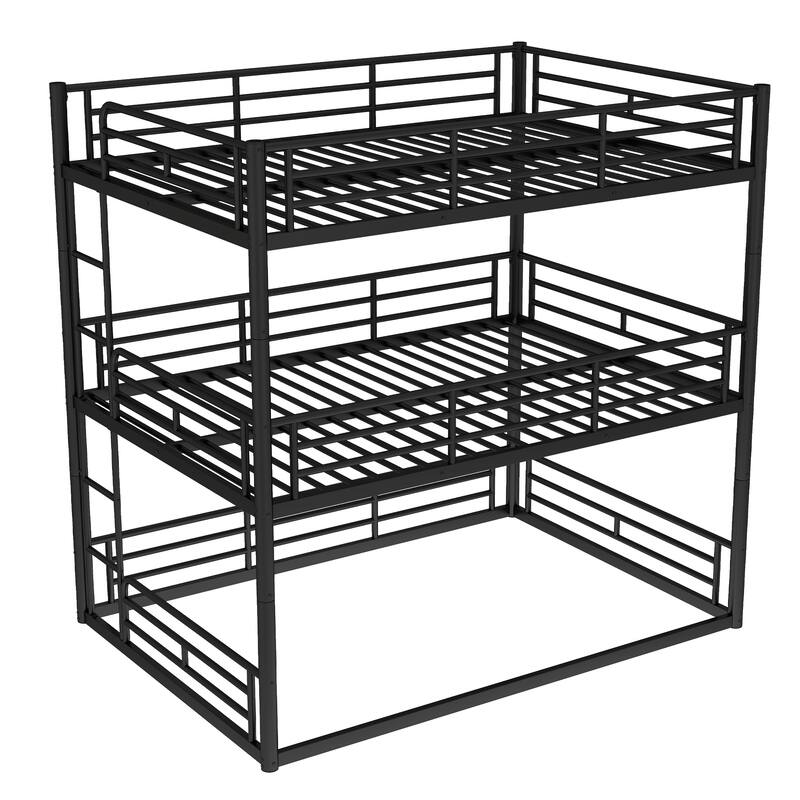 Full over Full over Full Bunk Bed, Metal Triple Bunk Bed with Safety Guardrails, Heavy-duty Bunk Bed with Noise-reduced Design