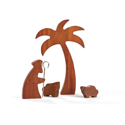 Nambe 4 Piece Wood Shepherd with Lambs Nativity Set - 5.25" W x 8" H