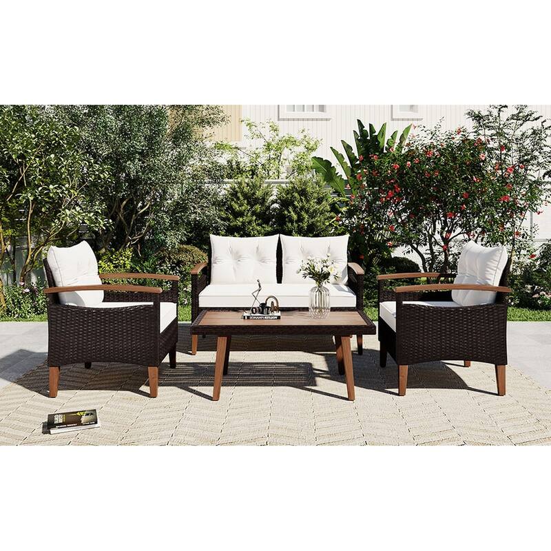 4-Piece Outdoor Wicker Patio Sofa Set with Wood Table and Removable Cushions - Brown+Beige